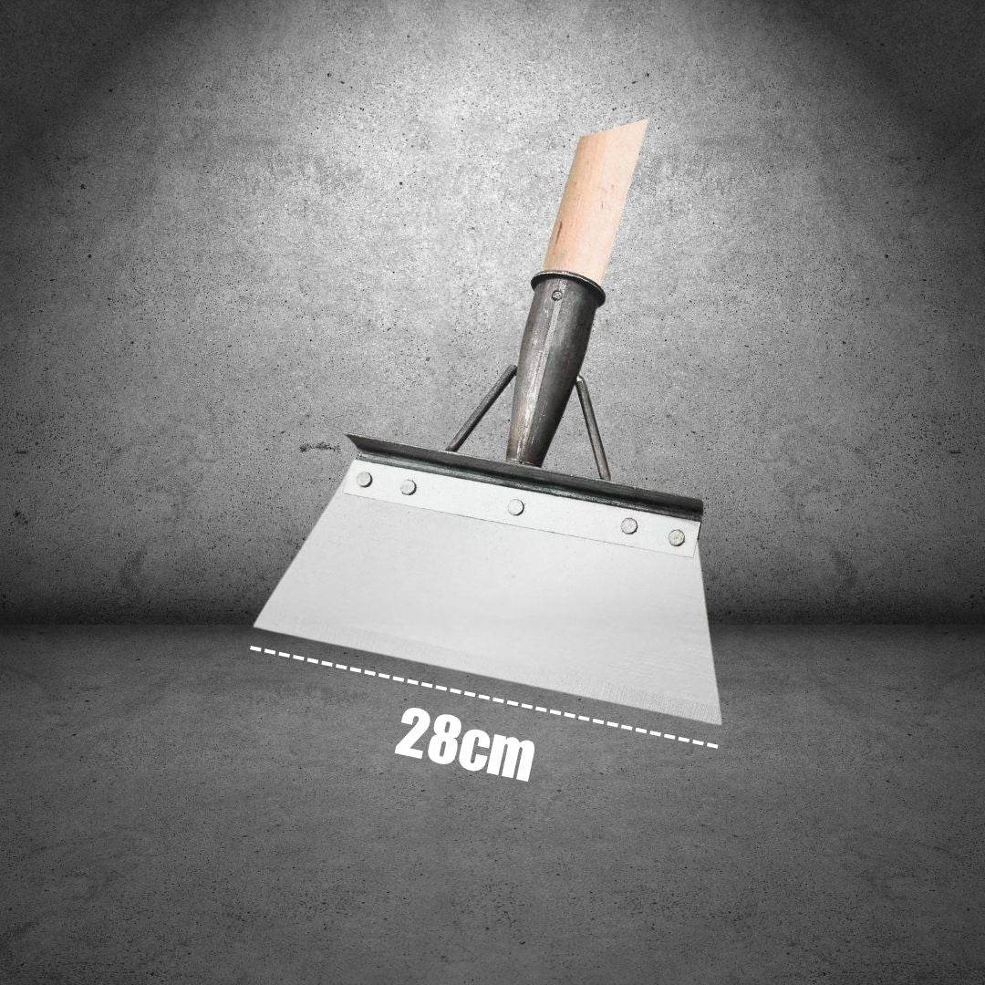 Metal trowel with wooden handle on a gray background, showing measurement of 28cm. WEED CLEANER