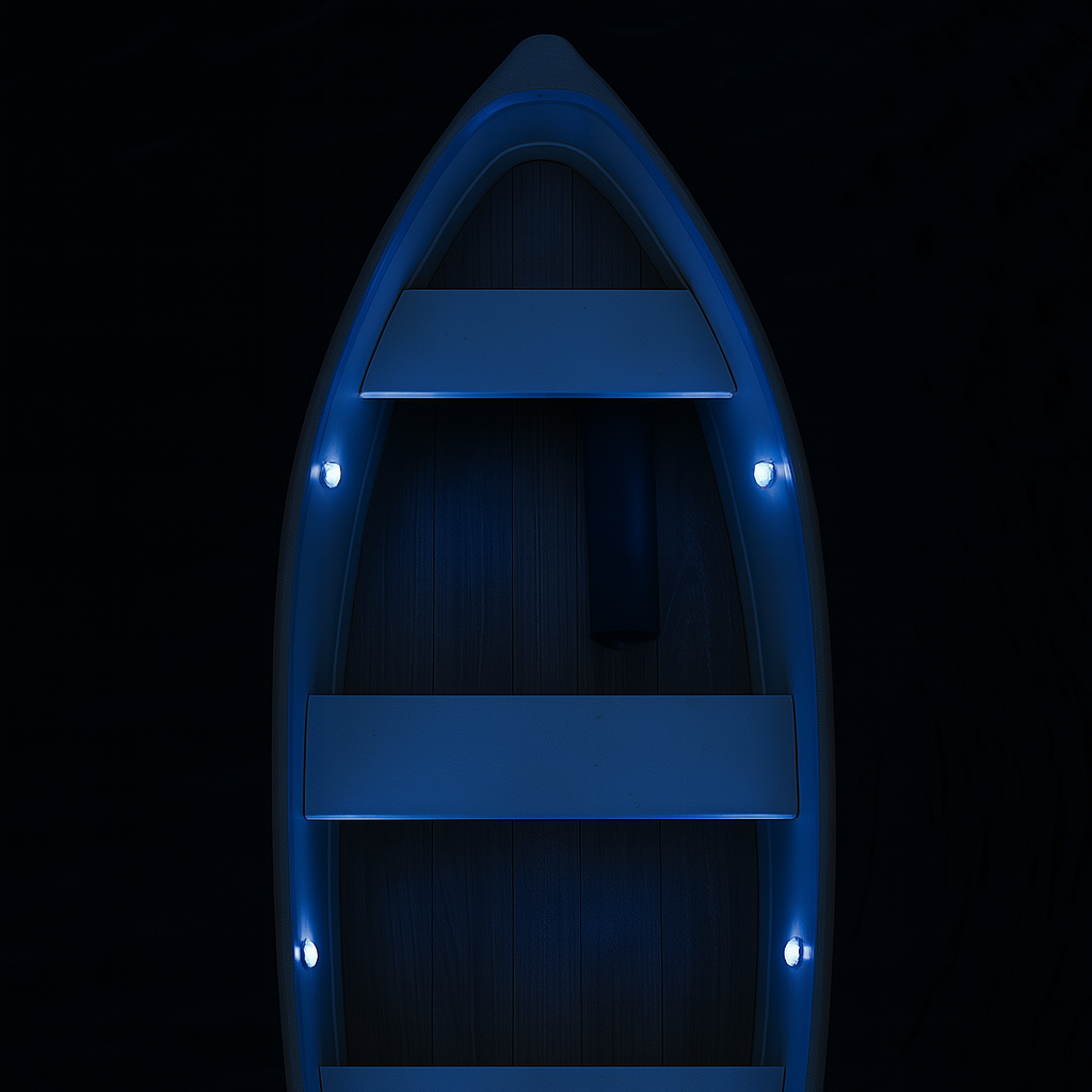 Blue kayak with glowing lights on a black background
