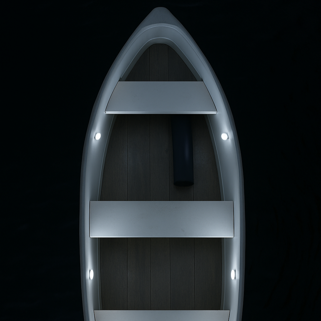 Top view of a gray boat on a black background