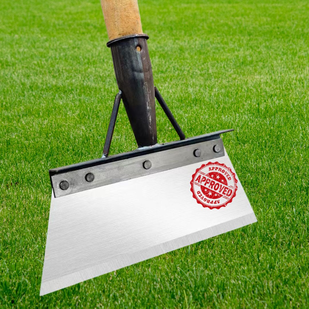 Metal lawn rake  WEED CLEANER with a wooden handle on grass, featuring an 'Approved' stamp.