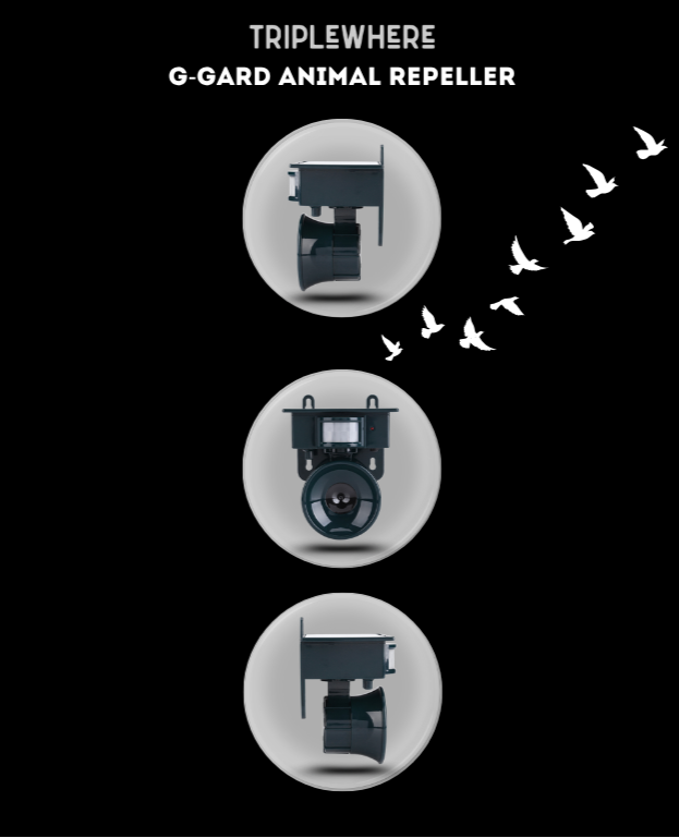TripleWhere Q-Gard Animal Repeller diagram on a black background
