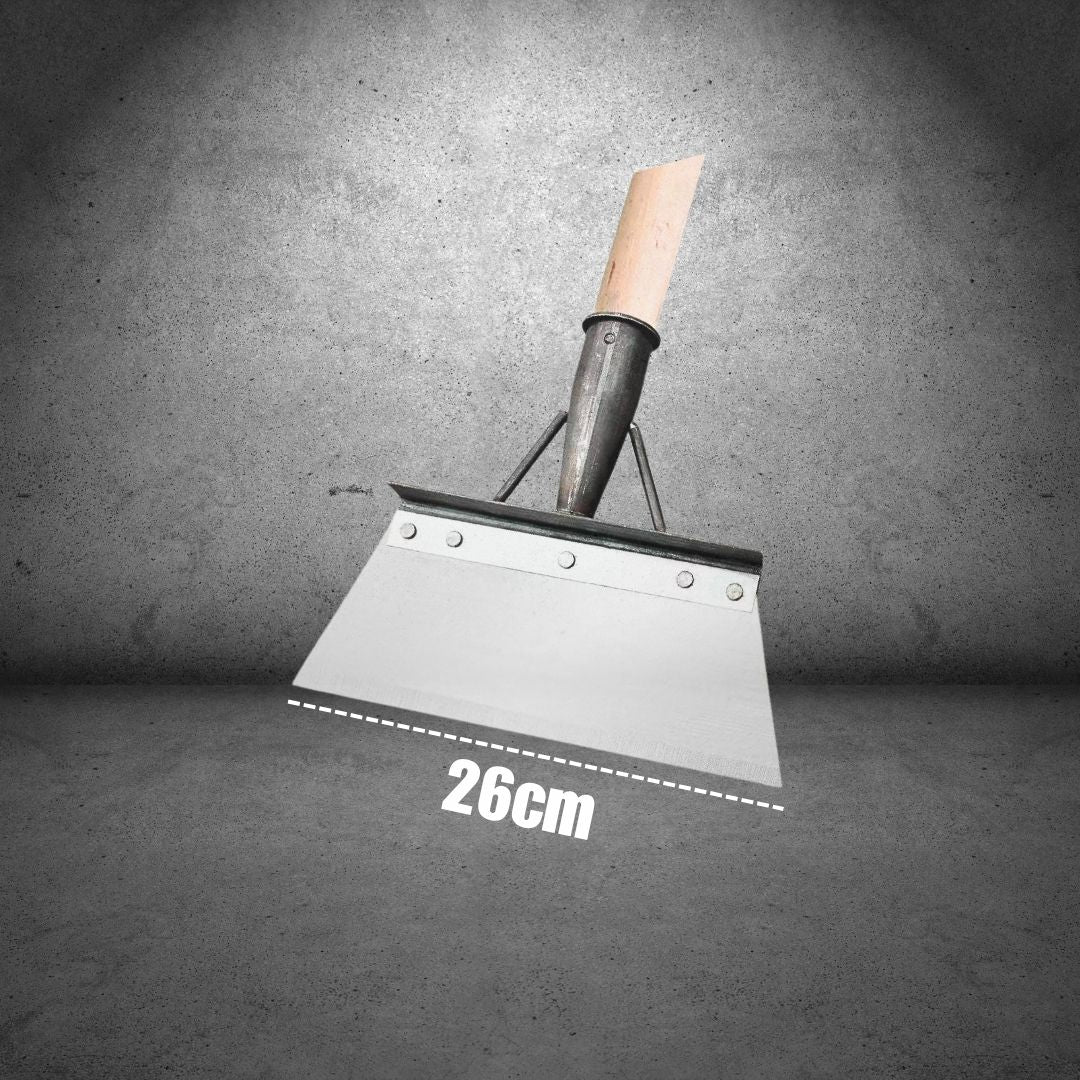 Metal WEED CLEANER with wooden handle on a gray background, showing measurement of 26cm.