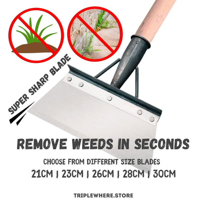 Weed removal tool with text indicating its effectiveness and size options on a white background.