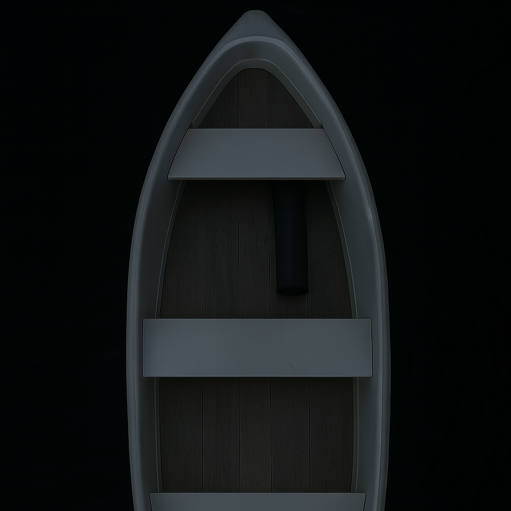 Top-down view of a gray boat on a black background