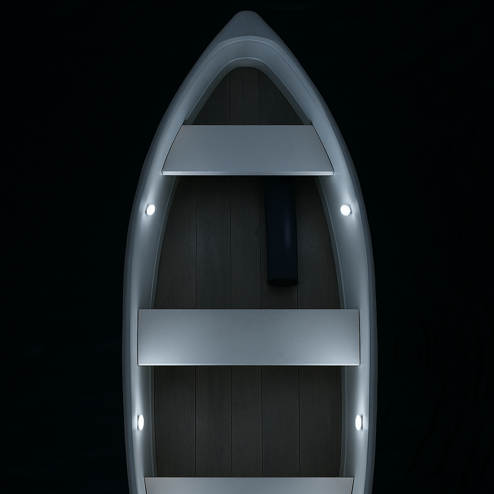 Top view of a gray boat on a black background
